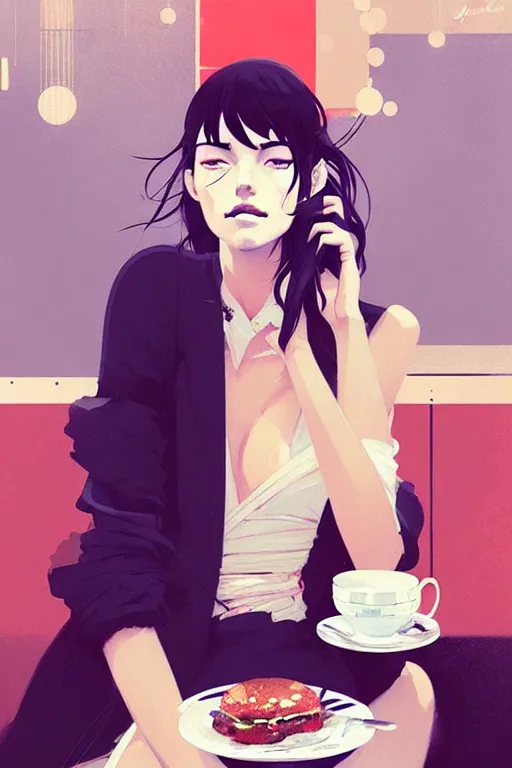 Image similar to a ultradetailed beautiful panting of a stylish woman sitting in a cafe, by conrad roset, greg rutkowski and makoto shinkai, trending on artstation