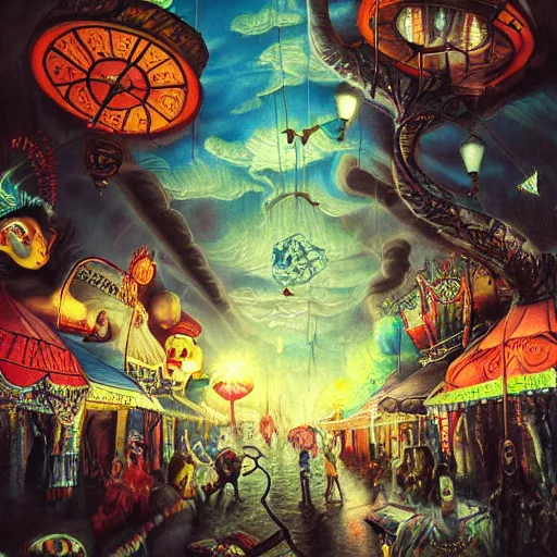 Prompt: ultra realist soft painting of a curiosities carnival by night, nightmare fuel, omnious sky, symmetry accurate features, very intricate details, film noir, volumetric clouds