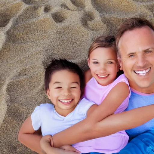 Image similar to wide 7 5 mm stock photo shot of a happy family on a beach, realistic shaded perfect face, realistic shaded lighting, 8 k ultra realistic