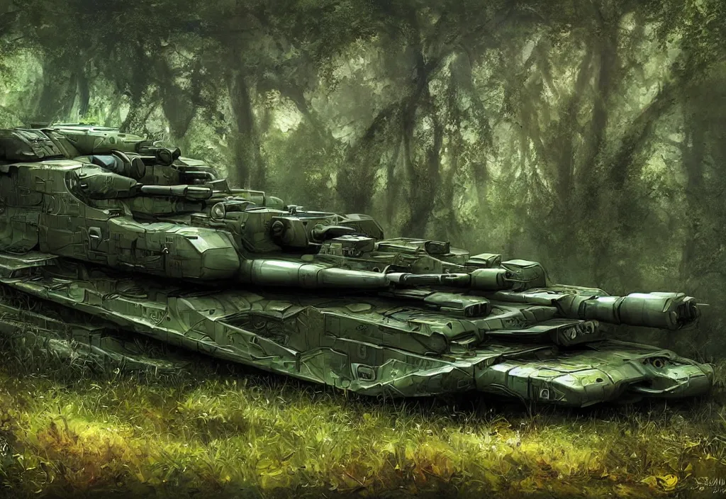 Prompt: shiny futuristic military tank in a very fertile green forest environment, fantasy art, scifi art, airbrush