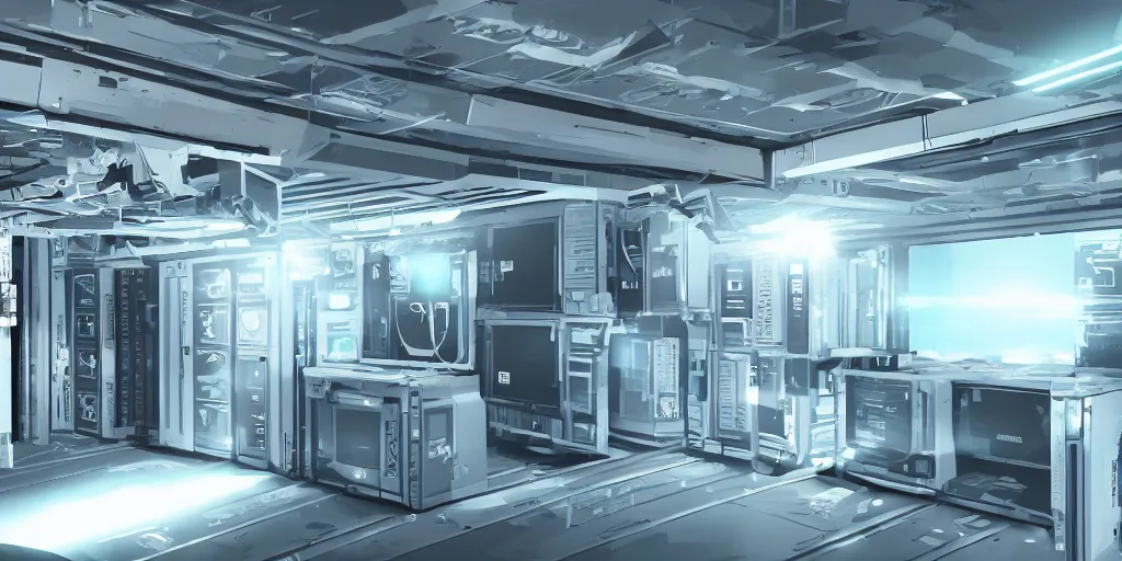 Image similar to parallax datacenter server room white rusty android robocowboy in artstation