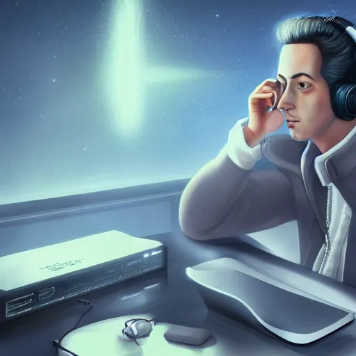 Prompt: Mozart listening on his laptop to sick beats on spotify, artstation, digital painting, 4k, light ray, particles