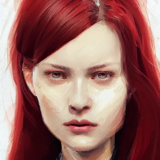 Image similar to Portrait of a woman by Greg Rutkowski, she is about 20 years old, redhead, long straight hair, beautiful oval face, wearing red and black utilitarian jumpsuit, older sister vibes, highly detailed portrait, digital painting, artstation, concept art, smooth, sharp foccus ilustration, Artstation HQ.