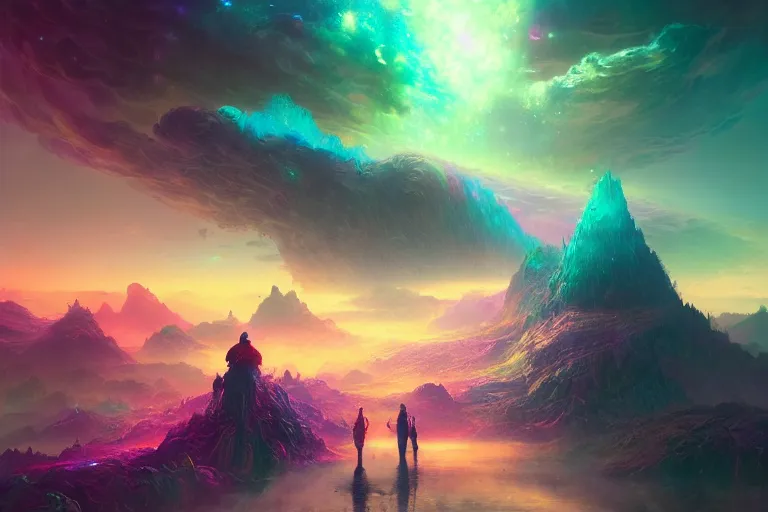 Image similar to a psychedelic realm at the edge of the known universe, astral beings sharing love, in the style of greg rutkowski and wlop and lisa frank and bob ross and ruan jia, illustration, epic, fantasy, hyper detailed, smooth, unreal engine, sharp focus, ray tracing