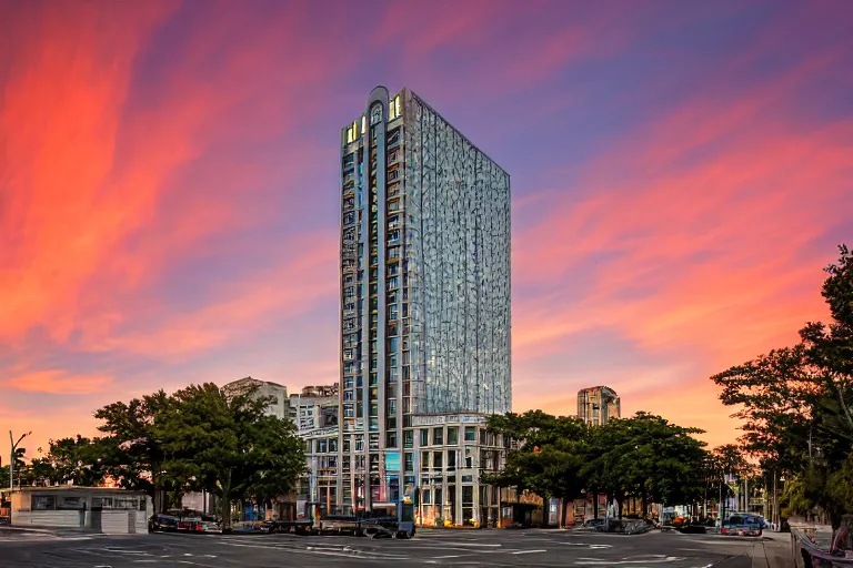 Image similar to the first 1 mile tall building in sunset, portrait format, 18mm lens, architectural photography