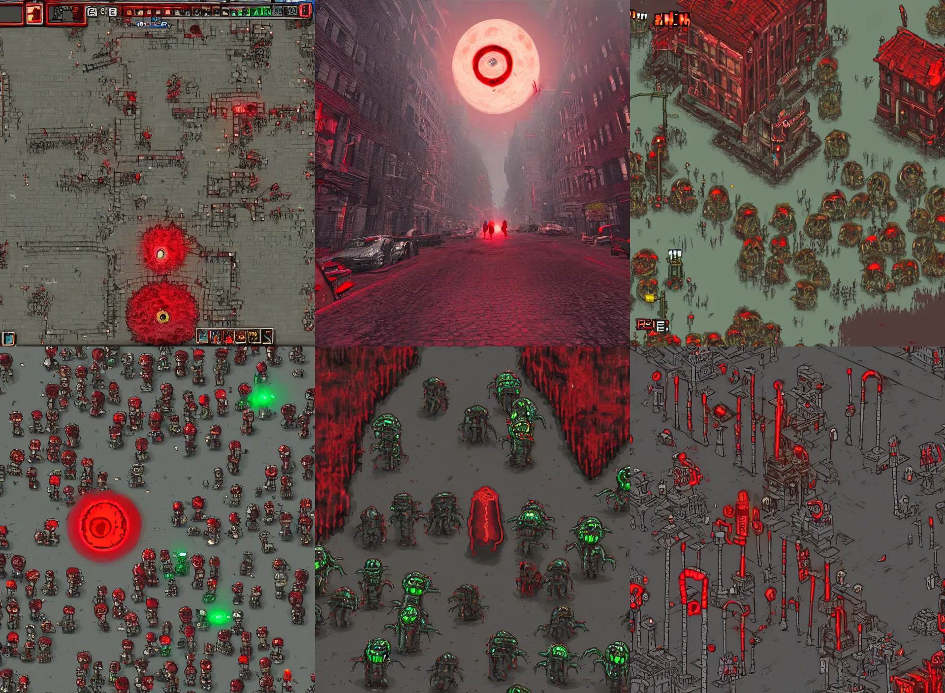 Prompt: the middle of new york city street, blood red moon, red lighting, street lamps, undead zombies and horrifying monsters. Red. Eye of cthulhu from terraria.Very detailed, 8k. Apocalypse.