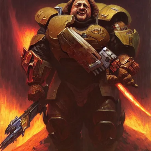 Image similar to Danny DeVito Doom Slayer, by gaston bussiere, craig mullins, Simon Bisley