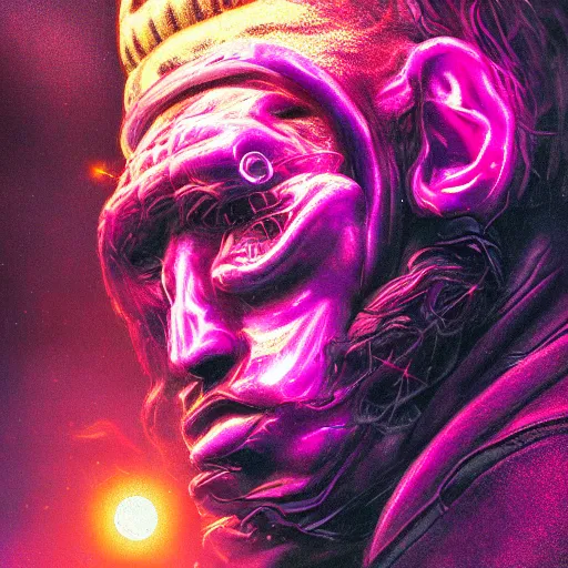 Prompt: a realistic detailed portrait photo of a monster, synthwave