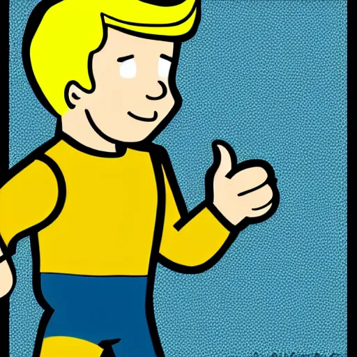 Prompt: vault boy from fallout showing thumb up, futurist illustration art by butcher billy, sticker, colorful, illustration, highly detailed, simple, smooth and clean vector curves, no jagged lines, vector art, smooth andy warhol style