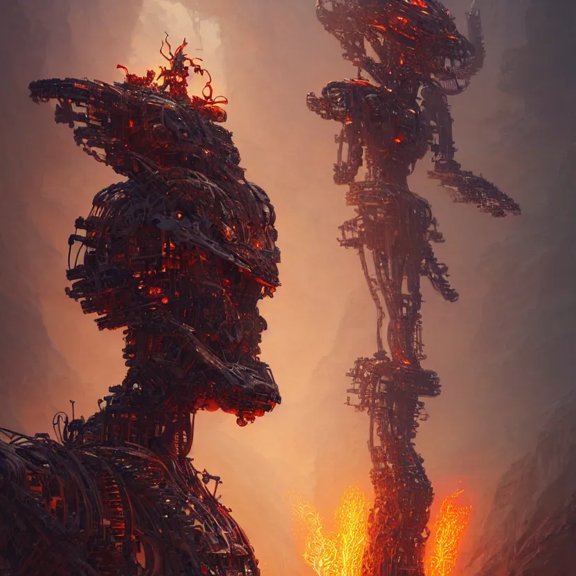 Prompt: ultra realist intricate humanoid mechanical robot volcano tiki god, art style greg rutkowski, craig mullins, mohrbacher, zaha hadid, hiraku tanaka, exuberant, elite, elegant, extravagant, cgsociety, ambient key art, octane rendering, unreal engine, weta digital, structures ray tracing