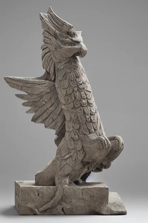 Image similar to a stone sculpture of a winged panther sitting on a pedestal with intricate carvings and fine detail