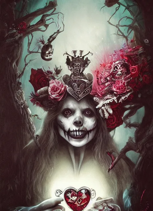 Image similar to Queen of Hearts drinking tea with Alice in wonderland,death tarot card,highly detailed,half skull face,cinematic,8k,by Stanley Artgermm,Tom Bagshaw,Greg Rutkowski,Carne Griffiths, Ayami Kojima, Beksinski, Giger,trending on DeviantArt,hyper detailed,horror, full of colour