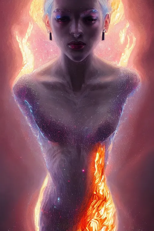 Prompt: torso closeup model wearing exploding fire crystal dress, sorcerer, diamonds,, refractions, crystal dust, ice dust, diamonds, fantasy, dramatic lighting, highly detailed, digital painting, holding electricity, hyper detailed, 3 d render, detailed portrait, peter mohrbacher, wlop, ruan jia