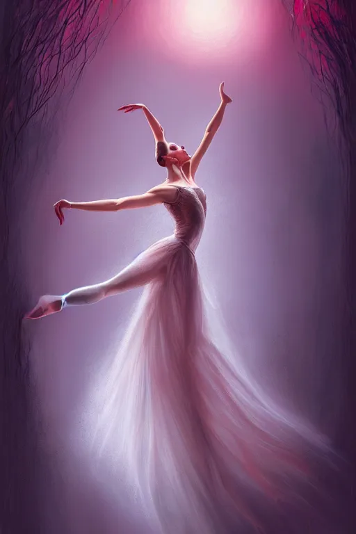 Image similar to prima ballerina, gorgeous, ethereal, intricate, elegant, volumetric lighting, nature scenery, digital painting, highly detailed, artstation, sharp focus, illustration, concept art, clive barker