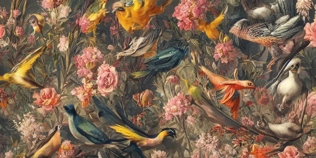 Image similar to breathtaking detailed concept art painting art deco pattern of birds amalmation blend of flowers and birds, by john james audubon, bizarre compositions, exquisite detail, extremely moody lighting, 8 k