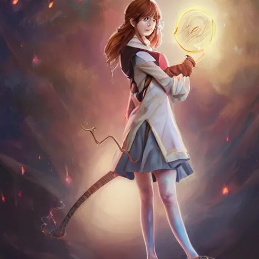 Image similar to anime portrait of Emma Watson as Hermione at Hogwarts holding her magic wand by Stanley Artgerm Lau, WLOP, Rossdraws, James Jean, Andrei Riabovitchev, Marc Simonetti, and Sakimichan, trending on artstation