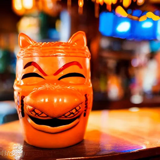 Prompt: a closeup photorealistic photograph of an orange cat garfield style tiki mug at a trader vic's bar featuring garfield's face. tiki theme. bright scene. fine detail. this 4 k hd image is trending on artstation, featured on behance, well - rendered, extra crisp, features intricate detail, epic composition and the style of unreal engine.