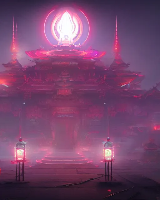 Image similar to buddhist cyber punk temple in the style of andree wallin, bastien grivet, tomasz strzalkowski ambient lighting, unreal engine 5, neon light, trending on art station