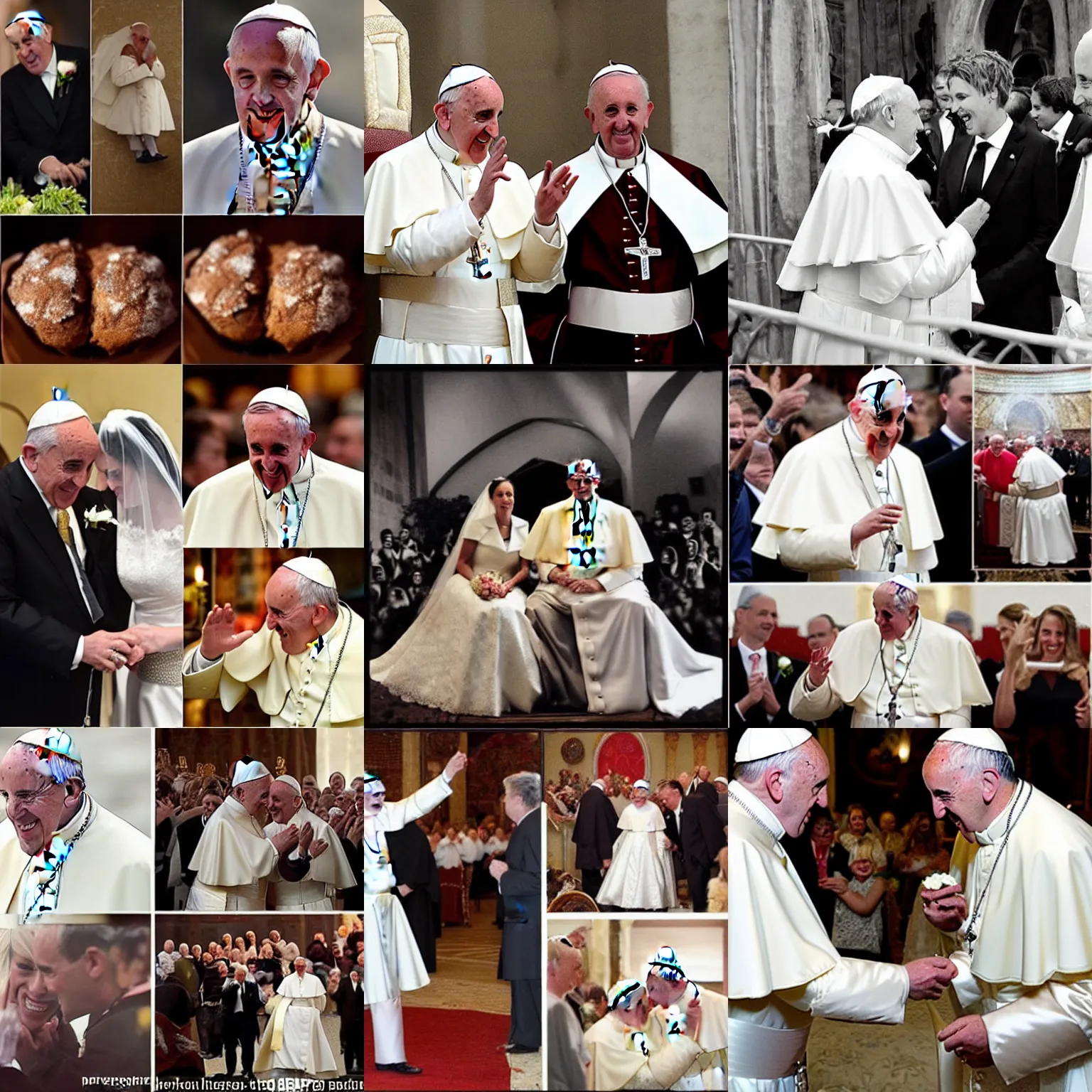 Prompt: pope Francis celebrating the wedding if two chocolate muffins. Wedding photos. Romanticism.