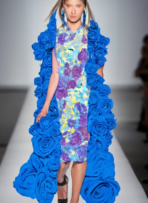 Prompt: full shot of beautiful model on runway wearing a blue roses dress in the style of issey miyake