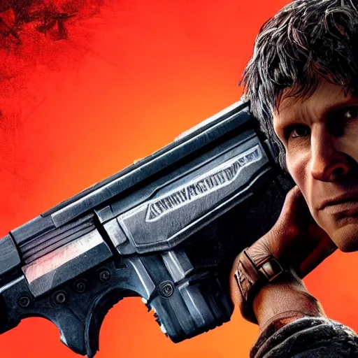 Image similar to todd howard with a gun, forcing you to buy skyrim, threatening, sharp, cinematic, colorful, digital art, neon, bright, cyberpunk, blade runner 2 0 4 9, realism, bold