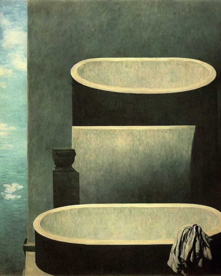 Image similar to achingly beautiful painting of a antique roman bathtub by rene magritte, monet, and turner. piranesi.