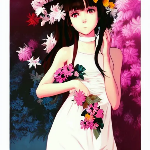 Image similar to little brunette girl with flowers in hair wearing an white dress. art by ilya kuvshinov, profile picture, inspired in hirohiko araki, highly detailed, 8 0 s anime art style, vogue cover