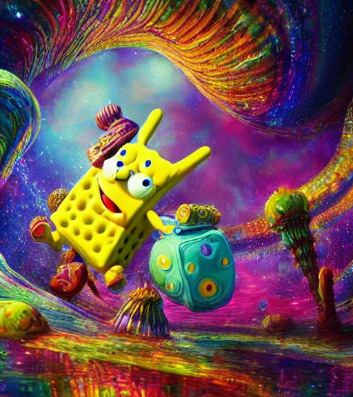 Prompt: portrait of a fantasycore glitchcore SpongeBob Squarepants. intricate abstract. intricate artwork. celestial. prismatic, by josephine wall, pixar, ghibli. octane render, CGSociety very coherent symmetrical artwork. cinematic, hyper realism, high detail, octane render, 8k, holographic accents