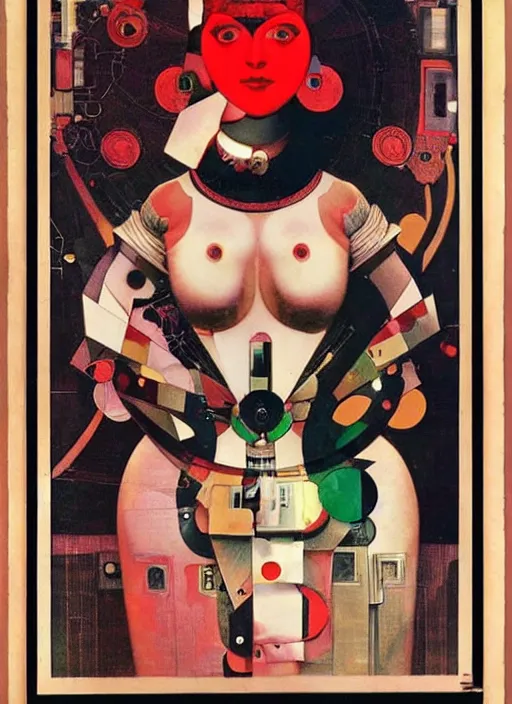 Image similar to cute punk goth fashion fractal alien martian girl with a television head wearing kimono made of circuits and leds, surreal Dada collage by Man Ray Kurt Schwitters Hannah Höch Alphonse Mucha, red and black