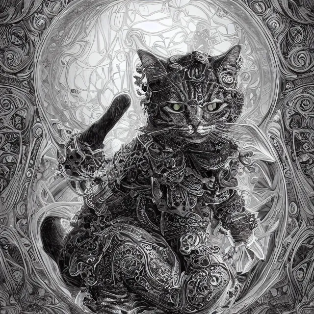 Image similar to the portrait of cat, elegant, hyperdetailed illustration by kim jung gi, irakli nadar, intricate linework, sharp focus, bright colors, octopath traveler, final fantasy, unreal engine 5 highly rendered, global illumination, radiant light, detailed and intricate environment
