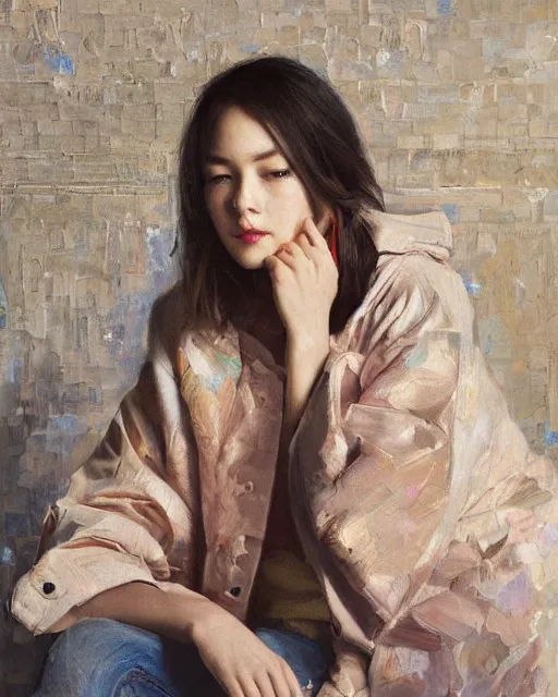 Image similar to a ultradetailed beautiful panting of a stylish woman sitting on the floor in a tiled room, she is wearing an oversized jacket, night time, highly detailed face, oil painting, by ruan jia