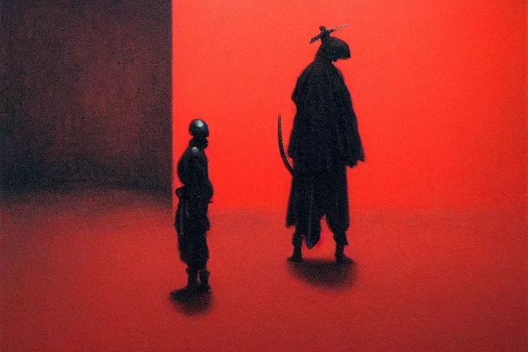 Image similar to only with red, a red samurai harakiri, tokio, a lot of frogs watch, in the style of beksinski, parts by edward hopper, parts by rodcenko, parts by yue minjun, intricate and epic composition, red by caravaggio, insanely quality, highly detailed, masterpiece, red light, artstation, 4 k