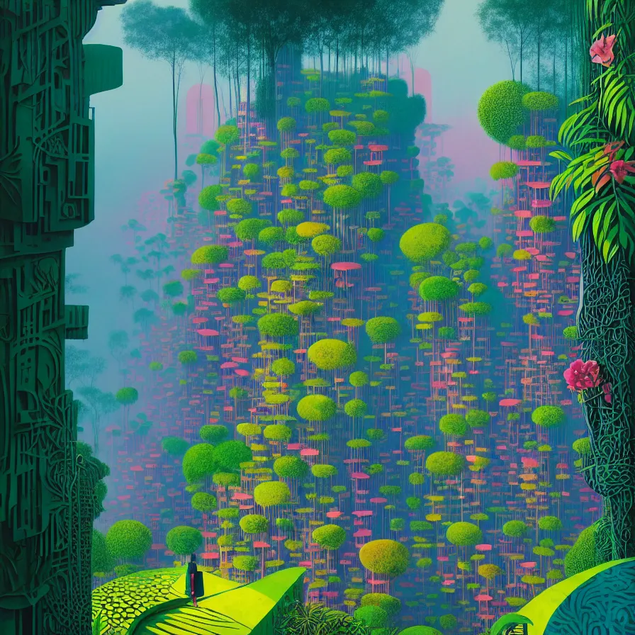 Prompt: surreal gediminas pranckevicius, malaysia jungle, summer morning, very coherent and colorful high contrast art by james gilleard james gurney floralpunk screen printing woodblock, habitat 6 7, dark shadows, pastel color, hard lighting, stippled light, art nouveau, film noir