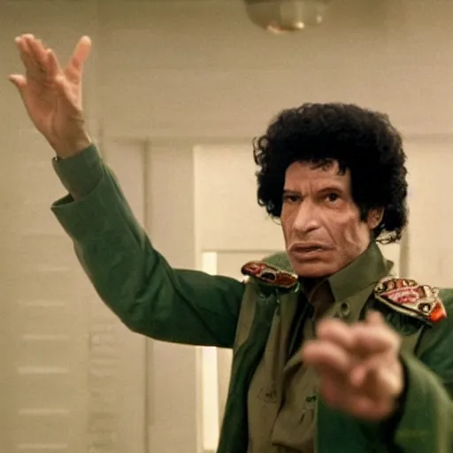 Image similar to A movie still of Muammar Gaddafi in Satuday Night Fever