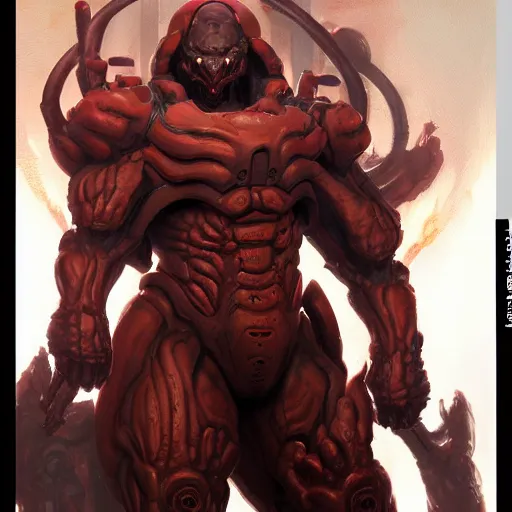 Image similar to doom eternal, mutant, tubes fused with the body, front view, painted by stanley lau, painted by greg rutkowski, painted by stanley, artgerm, masterpiece, digital art, trending on arts