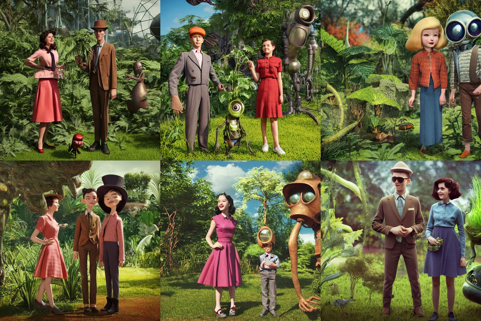 Prompt: detailed, sharp, a girl and a boy standing next to some alien plants, looking happy, wearing 1950s era clothes, their small pet alien creature is standing nearby, in a park on an alien planet, steampunk, extremely highly detailed, hyperrealistic, octane render, 8k, HD, good lighting