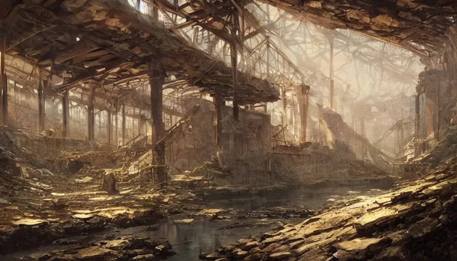 Image similar to a beautiful painting of of an old abandoned 1 9 th century gold mine with exposed beams by greg rutkowski and kalin popov, trending on artstation, masterpiece,