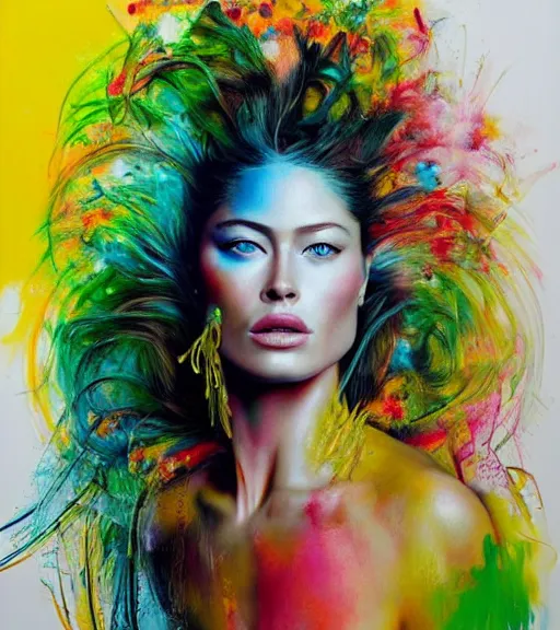 Prompt: beautiful painting of doutzen kroes, contemporary, colorful acrylic, airbrush painting, realistic portrait by kehinde wiley and archan nair, colored pencil sketch, hyperrealism, pastel chalk, oilpastels