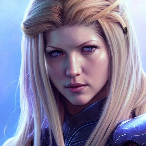 Image similar to beautiful Katheryn Winnick as Samus Aran, western, closeup, D&D, fantasy, intricate, elegant, highly detailed, digital painting, artstation, concept art, matte, sharp focus, illustration, art by Artgerm and Greg Rutkowski and Alphonse Mucha