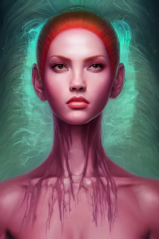 Image similar to digital portrait of an eloquent alien plant queen, straight on, full body character concept art, concept art, by artgerm, tom bagshaw, gerald brom, vaporwave colors, lo fi colors, vaporwave, lo fi, 4 k, hd, rendered with substance designer, small details,