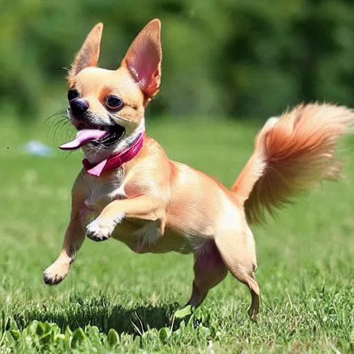 Prompt: my dream puppy: an extremely adorable chihuahua! she is so playful and happy. In this photograph, she is pictured prancing through a field on a bright, sunny summer afternoon. Her mouth is open and her tongue is out. She barks playfully as we play fetch in the field.