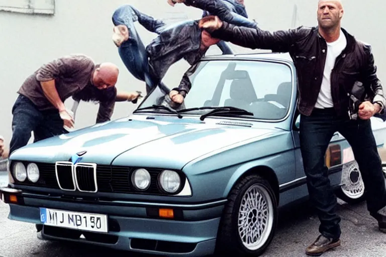 Prompt: Angry Jason Statham lifts BMW e30 in his arms,