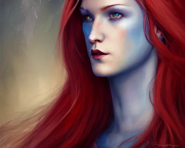 Image similar to A detailed matte oil on canvas head on symmetrical portrait of a distinguished elven woman with red and blue hair on an empty background, by Charlie bowater, Lise Deharme, Wlop, trending on artstationhd, dungeons and dragons art, parted hair , half blue, half red , split dye, critical role