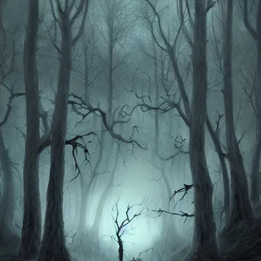 Image similar to a dark ominous forest, dead trees, moonlit, a ethereal ghost emerging from a tree, spooky digital artwork by Artgerm, trending on artstation