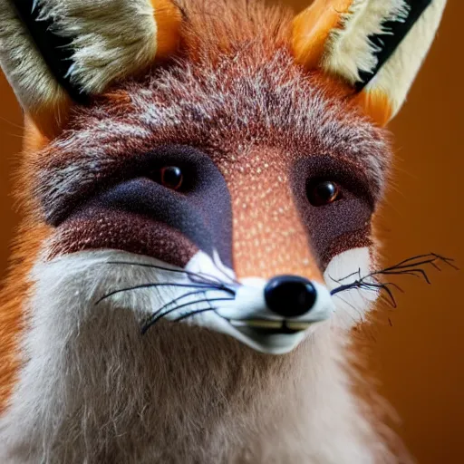 Image similar to a taxidermized fox with a human face, in a museum, 8 5 mm lens, 7 0 mm entrance pupil diameter