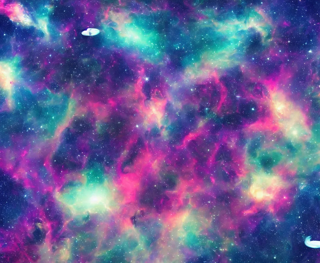 Image similar to space whales, colorful nebula