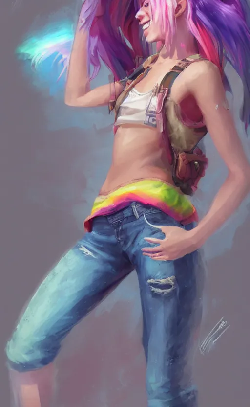 Image similar to a kawaii woman with rainbow hair smiling, tanktop and jeans, In style of by Jordan Grimmer and greg rutkowski, concept art, highly detailed