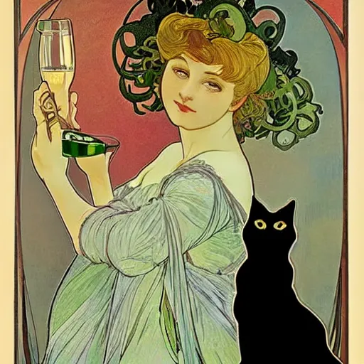 Prompt: a black cat with green eyes, holding a champagne flute filled with blue liquid, green background, in the style of Alphonse Mucha