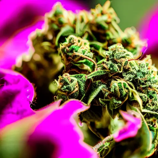 Prompt: cannabis sativa flower, pink kush macro