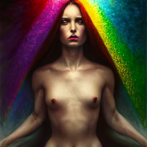 Image similar to a beautiful rainbow queen being watched by a being of darkness, diffuse lighting, fantasy, intricate , elegant, highly detailed, lifelike, photorealistic, digital painting, artstation, illustration, concept art, smooth, sharp focus, art by John Collier and Albert Aublet and Leonardo da vinci and Krenz Cushart and Artem Demura and Alphonse Mucha-H 704